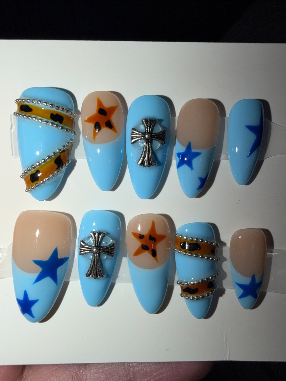 Blue Star & Cross Embellished Press-On Nails